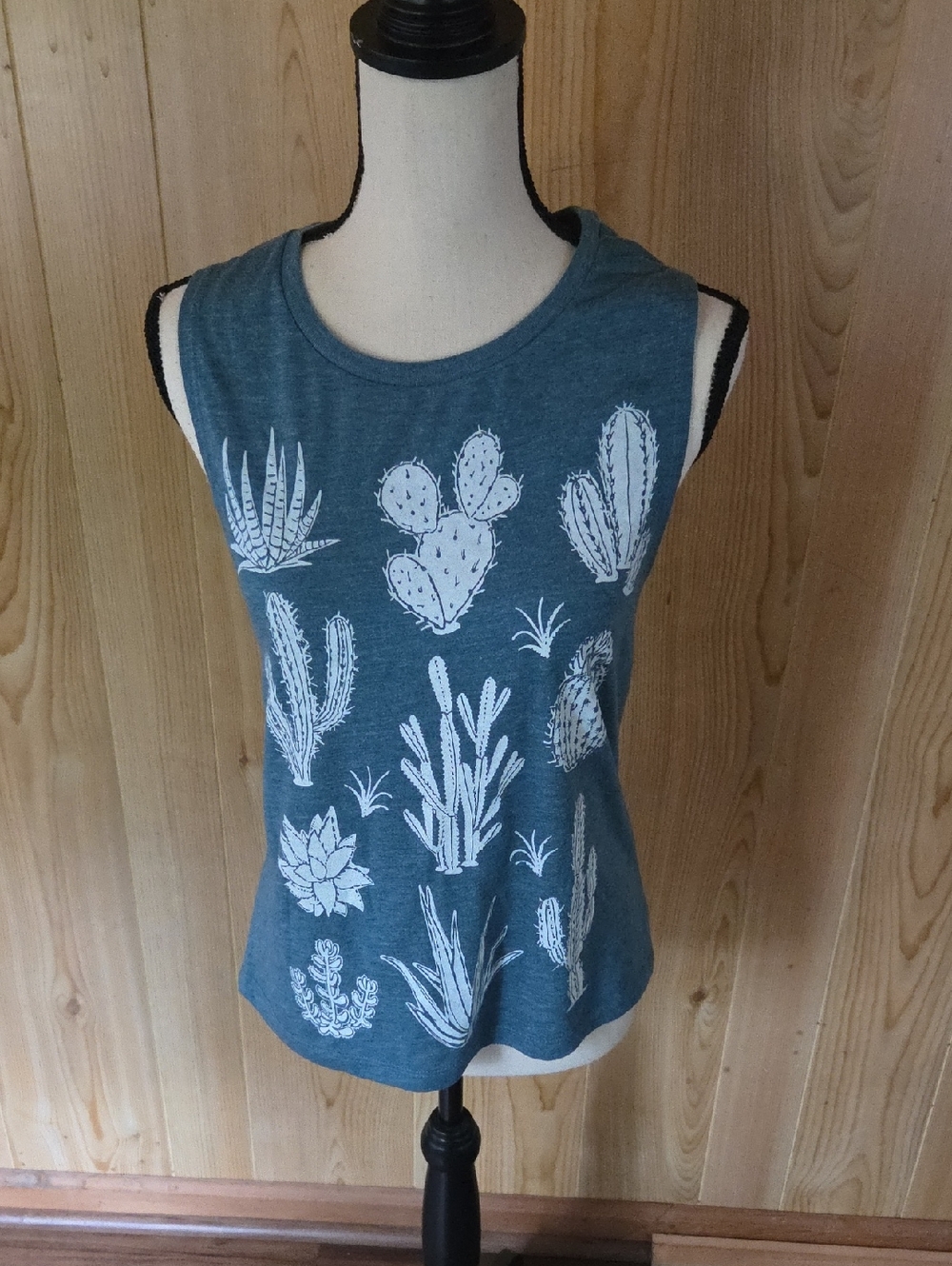 Mad Love Teal Tank Top with White Cactus Print